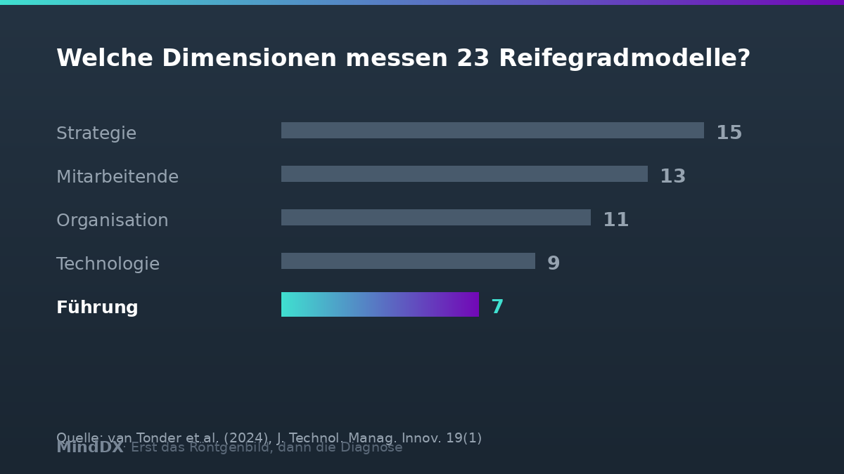 Die Führungsdimension wird nur in 7 von 23 digitalen Reifegradmodellen gemessen — van Tonder et al. 2024